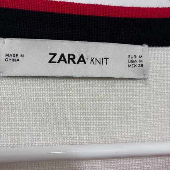 Zara Off White Knit Pearl Button Cardigan Red Navy Blue Trim - Picture 3 of 6